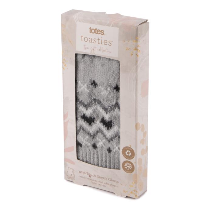 totes Ladies Stretch Knitted SmarTouch Gloves Grey Fair Isle Extra Image 1